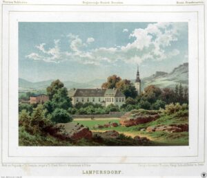 GRODZISZCZE, pałac i kościół w Grodziszczu na litografii z teki A. Dunckera (nr 667)