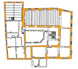 PIOTROWICE NYSKIE, rzut przyziemia dworu z zaznaczonymi murami fazy późnorenesansowej ze śladami dekoracji sgraffitowej (oprac. M. Legut-Pintal)