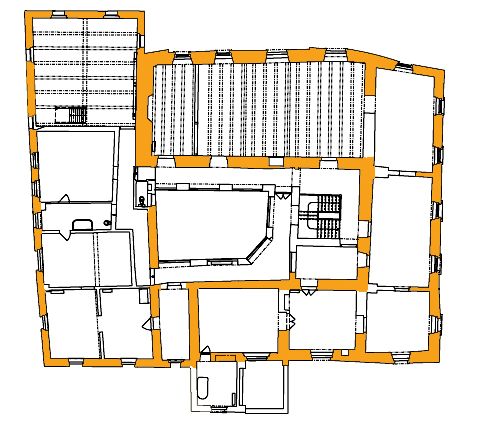 PIOTROWICE NYSKIE, rzut przyziemia dworu z zaznaczonymi murami fazy późnorenesansowej ze śladami dekoracji sgraffitowej (oprac. M. Legut-Pintal)