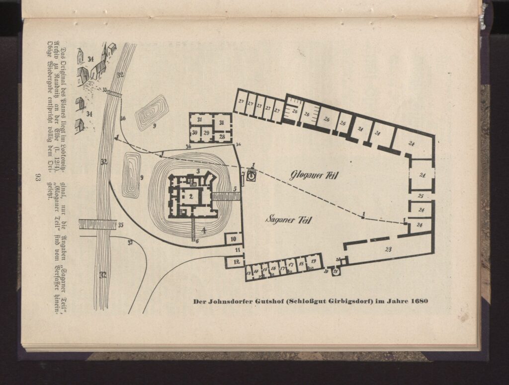 Janowiec (Bobrzany). Dwór obronny i folwark na planie z 1680 r. (za Steller 1942, s. 80)
