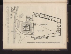 Janowiec (Bobrzany). Dwór obronny i folwark na planie z 1680 r. (za Steller 1942, s. 80)