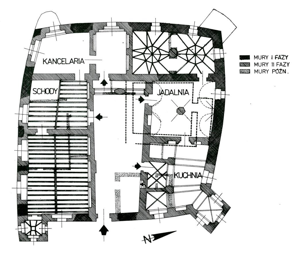 Janowiec (Bobrzany). Rekonstrukcja rzutu przyziemia dworu na planie pomiarowym Katedry Architektury Polskiej PWr z 1966 r. (za Kąsinowska 1967)