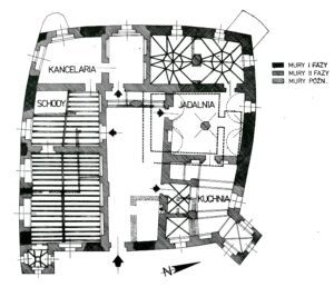 Janowiec (Bobrzany). Rekonstrukcja rzutu przyziemia dworu na planie pomiarowym Katedry Architektury Polskiej PWr z 1966 r. (za Kąsinowska 1967)