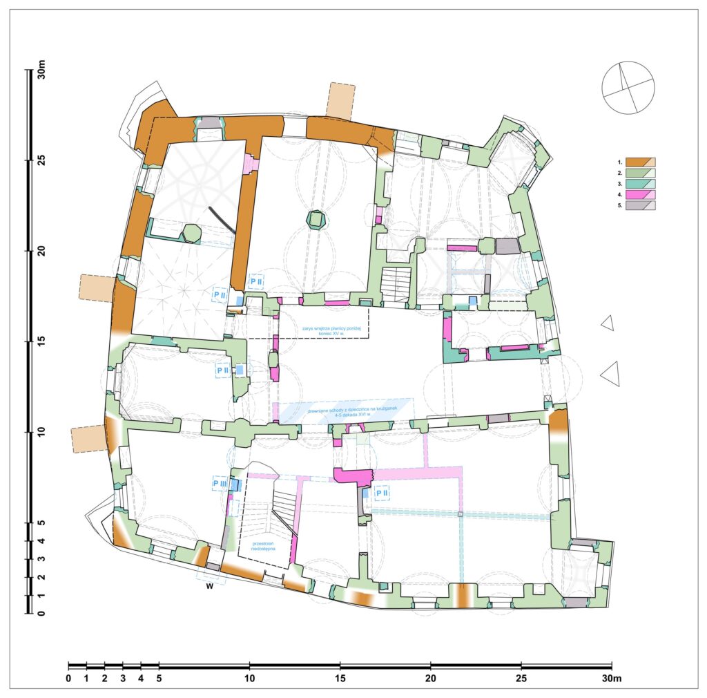 Janowiec (Bobrzany). Rozwarstwienie chronologiczne faz rozbudowy: 1 – koniec XV w., 2 – 1544-1570, 3 – 1 ćwierć XVII , 4 – pocz. XIX w., 5 –XIX-XX (za Błoniewski 2020)
