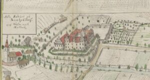 Janowiec (Bobrzany). Dwór i folwark na rysunku F B Wernera z 1768-1772