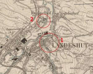 KAMIENNA GÓRA, założenia mieszkalno-obronne na mapie Messtischblatt, ark. 5262 Landeshut, wyd. w 1937 r.: 1 – zamek książęcy na Górze Zamkowej (Burgberg), 2 – dwór obronny Grodztwo (Kreppelhof) (opr. P. Błoniewski)