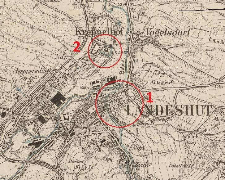 KAMIENNA GÓRA, założenia mieszkalno-obronne na mapie Messtischblatt, ark. 5262 Landeshut, wyd. w 1937 r.: 1 – zamek książęcy na Górze Zamkowej (Burgberg), 2 – dwór obronny Grodztwo (Kreppelhof) (opr. P. Błoniewski)