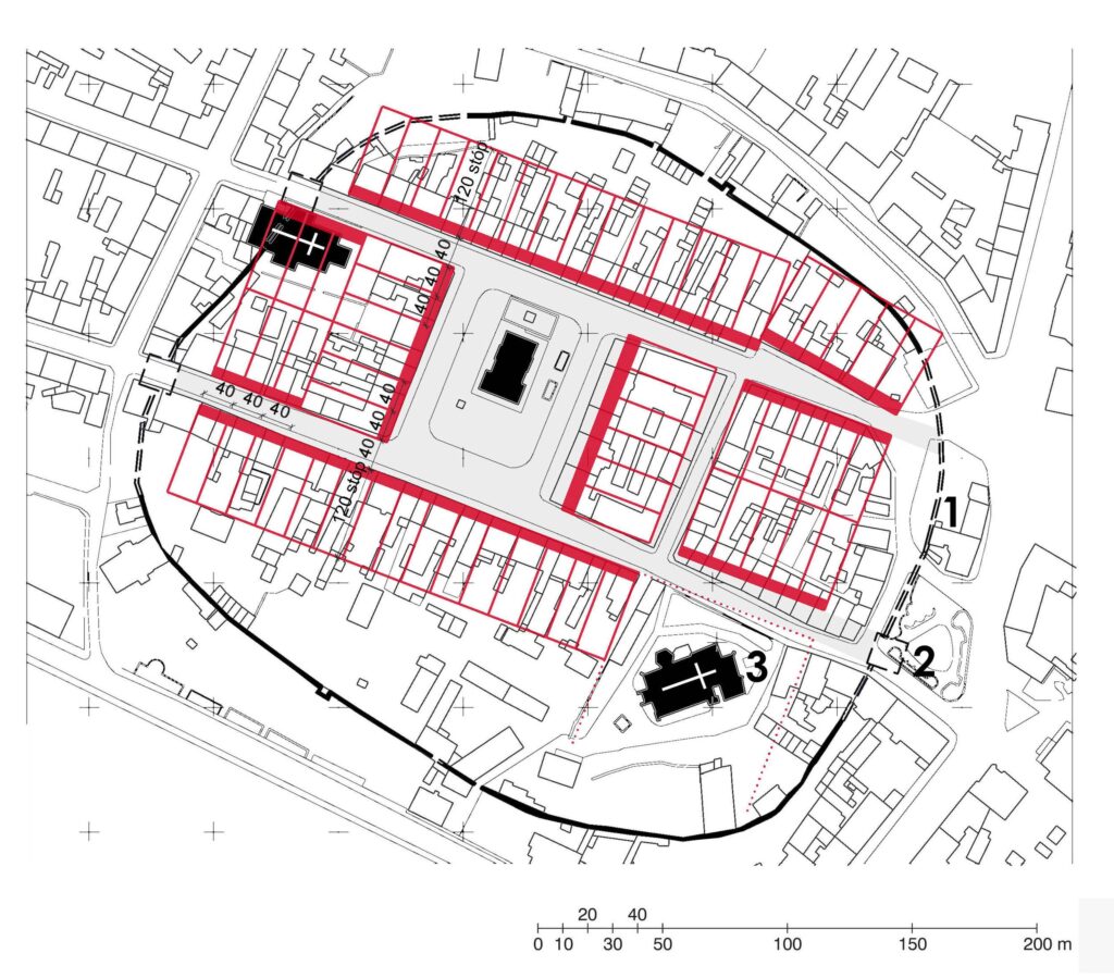 Plan lokacyjny Świebodzic z zaznaczeniem zamku przy Bramie Świdnickiej, według opracowania archeologiczno-architektonicznego