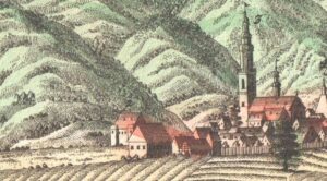 Wycinek weduty z dworem (budynek z basztami alkierzowymi z lewej)