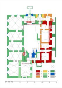 STRUGA, pałac, rzut przyziemia z podziałam chronologicznym na fazy: 1 – XIV w., 2 – XIV w. – rekonstruowany przebieg muru, 3 – XV w., 4 – 1 poł. XVI w., 5 – etapy budowlane 2 poł. XVI-pocz. XVII w., 8 – XVIII w., 9 – XIX-XX w. (opr. A. Boguszewicz, M. Chorowska, rys. A. Walkowska)