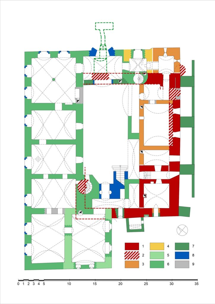 STRUGA, pałac, rzut przyziemia z podziałam chronologicznym na fazy: 1 – XIV w., 2 – XIV w. – rekonstruowany przebieg muru, 3 – XV w., 4 – 1 poł. XVI w., 5 – etapy budowlane 2 poł. XVI-pocz. XVII w., 8 – XVIII w., 9 – XIX-XX w. (opr. A. Boguszewicz, M. Chorowska, rys. A. Walkowska)