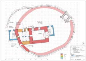 JĘDRZYCHÓW, rozwarstwienie chronologiczne murów parteru: 1 – 2 tercja XIV w., 2 – XV w., 3- po 1488 r., 4 – 2 poł. XVI w., 5 – poł. XVIII w., 6 – 2 poł. XIX w. (opr. Błoniewski, Chorowska)