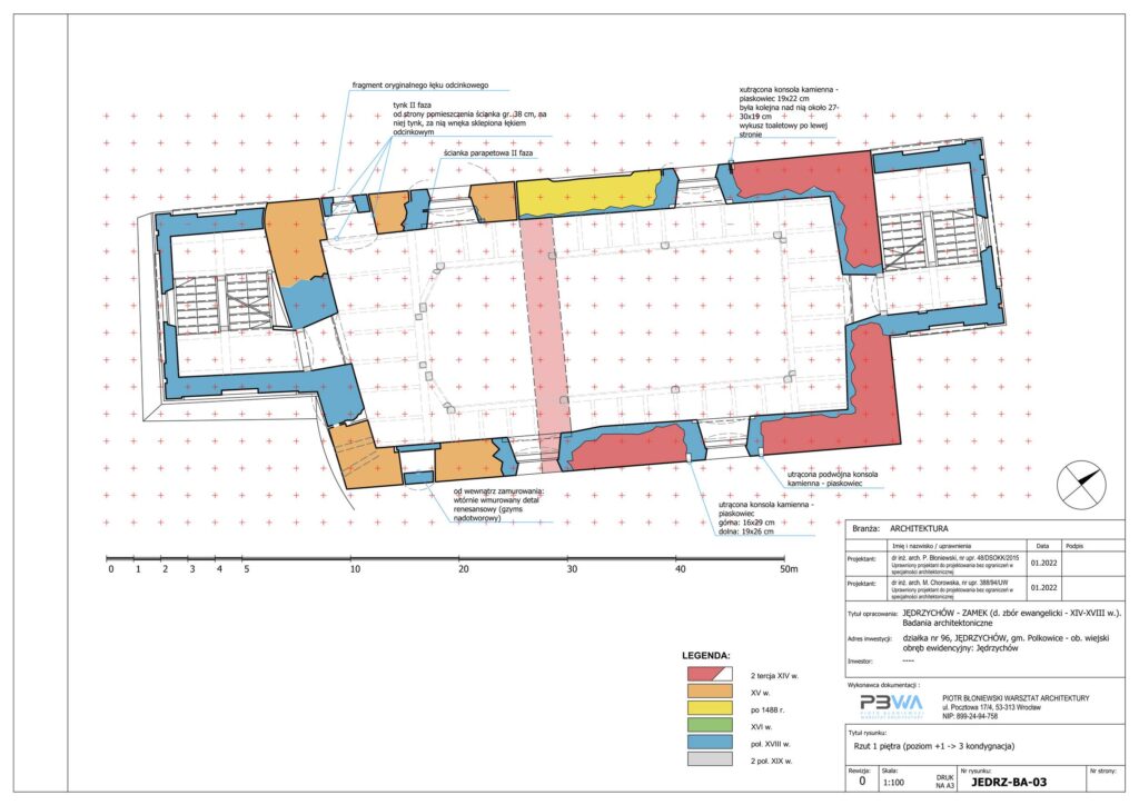 JĘDRZYCHÓW, Rozwarstwienie chronologiczne murów I piętra: 1 – 2 tercja XIV w., 2 – XV w., 3- po 1488 r., 4 – 2 poł. XVI w., 5 – poł. XVIII w., 6 – 2 poł. XIX w. (opr. za: Błoniewski, Chorowska 2022)
