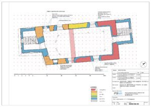 JĘDRZYCHÓW, Rozwarstwienie chronologiczne murów I piętra: 1 – 2 tercja XIV w., 2 – XV w., 3- po 1488 r., 4 – 2 poł. XVI w., 5 – poł. XVIII w., 6 – 2 poł. XIX w. (opr. za: Błoniewski, Chorowska 2022)