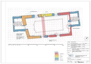 JĘDRZYCHÓW, Rozwarstwienie chronologiczne murów II piętra: 1 – 2 tercja XIV w., 2 – XV w., 3- po 1488 r., 4 – 2 poł. XVI w., 5 – poł. XVIII w., 6 – 2 poł. XIX w. (opr. za: Błoniewski, Chorowska 2022)