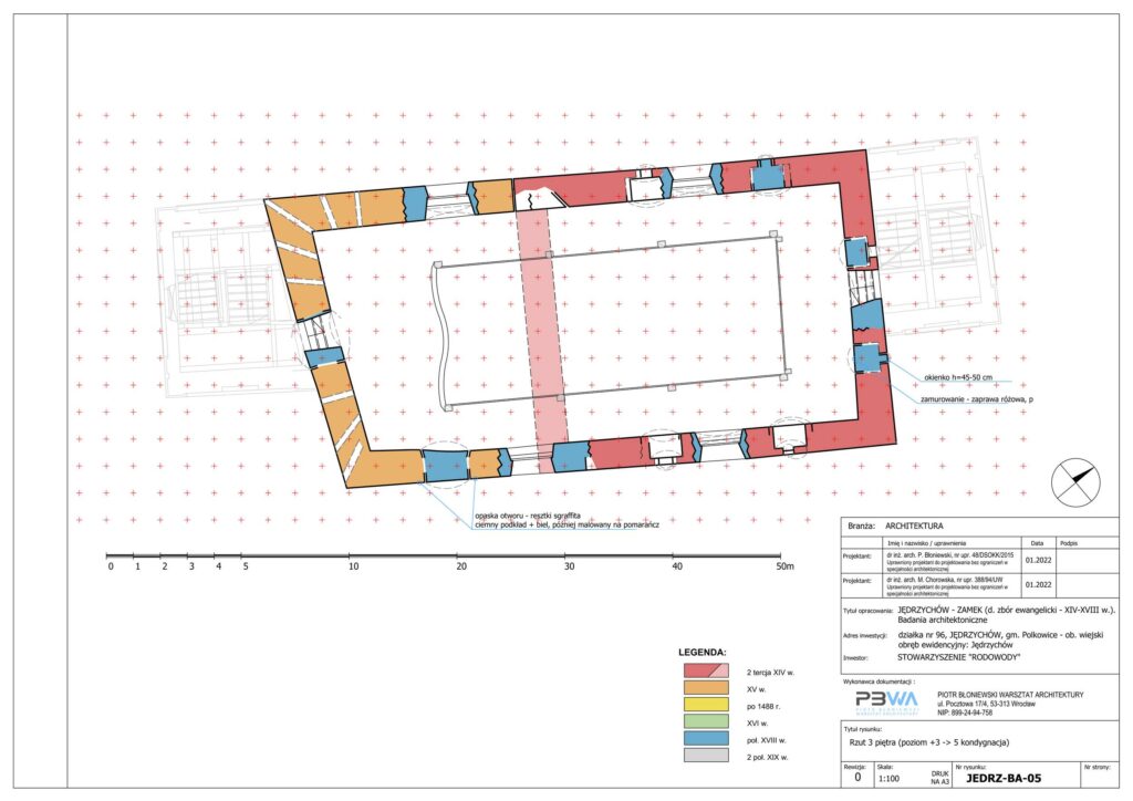 JĘDRZYCHÓW, Rozwarstwienie chronologiczne murów III piętra: 1 – 2 tercja XIV w., 2 – XV w., 3- po 1488 r., 4 – 2 poł. XVI w., 5 – poł. XVIII w., 6 – 2 poł. XIX w. (opr. za: Błoniewski, Chorowska 2022)