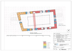 JĘDRZYCHÓW, Rozwarstwienie chronologiczne murów III piętra: 1 – 2 tercja XIV w., 2 – XV w., 3- po 1488 r., 4 – 2 poł. XVI w., 5 – poł. XVIII w., 6 – 2 poł. XIX w. (opr. za: Błoniewski, Chorowska 2022)