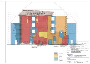 JĘDRZYCHÓW, Rozwarstwienie chronologiczne elewacji wschodniej: 1 – 2 tercja XIV w., 2 – XV w., 3- po 1488 r., 4 – 2 poł. XVI w., 5 – poł. XVIII w., 6 – 2 poł. XIX w. (opr. wg Błoniewski, Chorowska 2022)