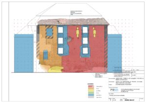 JĘDRZYCHÓW, Rozwarstwienie chronologiczne elewacji zachodniej: 1 – 2 tercja XIV w., 2 – XV w., 3- po 1488 r., 4 – 2 poł. XVI w., 5 – poł. XVIII w., 6 – 2 poł. XIX w. (opr. za: Błoniewski, Chorowska 2022)