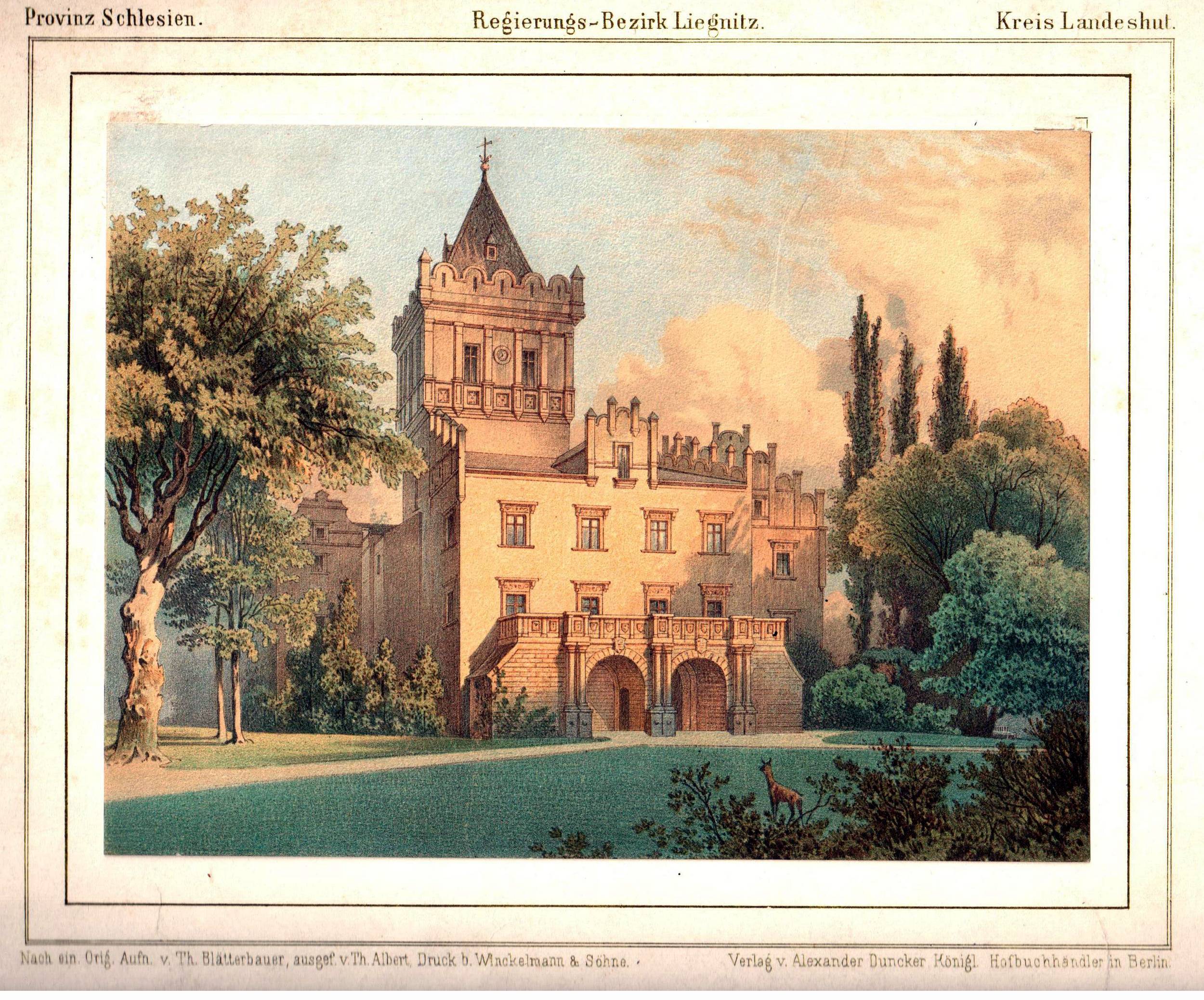 KAMIENNA GÓRA-GRODZTWO, Rezydencja pałacowa z lat 1870-1880, litografia wg rysunku Th. Blatterbauera (Duncker 13, poz. 769, zbiory P. Siemko)
