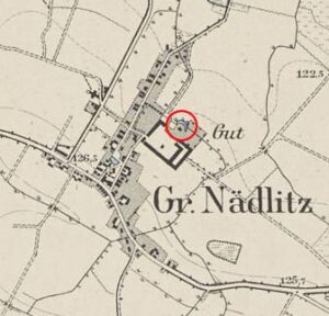 Nadolice Wielkie. Fragment mapy Messtischblatt z lokalizacją dworu.