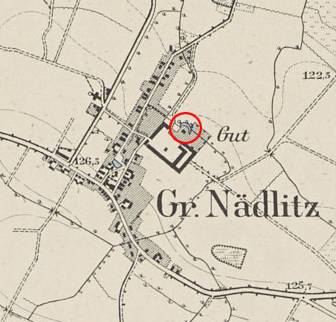 Nadolice Wielkie. Fragment mapy Messtischblatt z lokalizacją dworu.