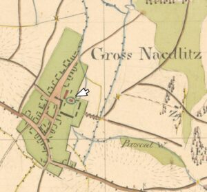 NADOLICE WIELKIE, plan wsi i dworu wg mapy Urmesstischblatt z 1826 r. (SBB, Preussischer Kulturbesitz, sygn. 729)