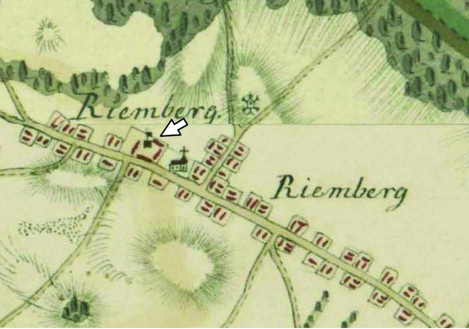 ROŚCISŁAWICE, plan wsi wg mapy Ch. F. Wredego z lat 1747-1753 z lokalizacją dworu (SBB, Preussischer Kulturbesitz, sygn. 1506).