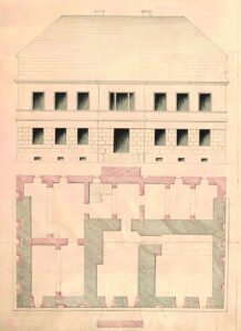 ROŚCISŁAWICE, widok i plan przyziemia dworu z około 1800 r. (APWr., Akta miast Wrocławia (Kartografia), sygn. 1661).