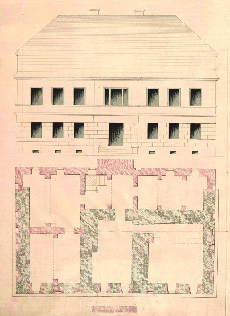 ROŚCISŁAWICE, widok i plan przyziemia dworu z około 1800 r. (APWr., Akta miast Wrocławia (Kartografia), sygn. 1661).