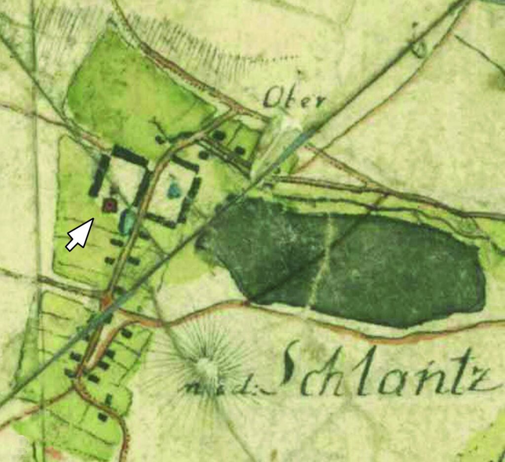 KRZYŻOWICE, plan wsi z lokalizacją dworu wg mapy L. W. Reglera z lat 1764-1770 (SBB, Preussischer Kulturbesitz, sygn. 15140)