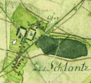 KRZYŻOWICE, plan wsi z lokalizacją dworu wg mapy L. W. Reglera z lat 1764-1770 (SBB, Preussischer Kulturbesitz, sygn. 15140)