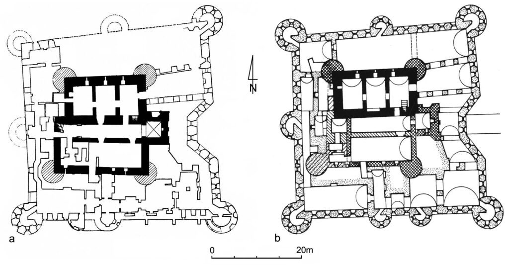 WROCŁAW-LEŚNICA: a - plan dworu wg J. Rozpędowskiego (za: Rozpędowski 1978, ryc. 1); b - plan dworu wg W. Brzezowskiego (za: Brzezowski 1998, s. 44)