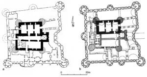 WROCŁAW-LEŚNICA: a - plan dworu wg J. Rozpędowskiego (za: Rozpędowski 1978, ryc. 1); b - plan dworu wg W. Brzezowskiego (za: Brzezowski 1998, s. 44)
