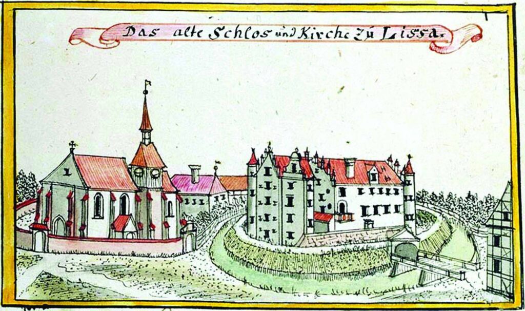 WROCŁAW-LEŚNICA, widok starego, renesansowego dworu wg ryciny F.B. Wernera z połowy XVIII w.