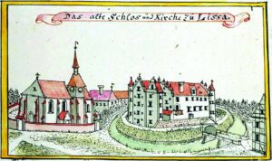 WROCŁAW-LEŚNICA, widok starego, renesansowego dworu wg ryciny F.B. Wernera z połowy XVIII w.