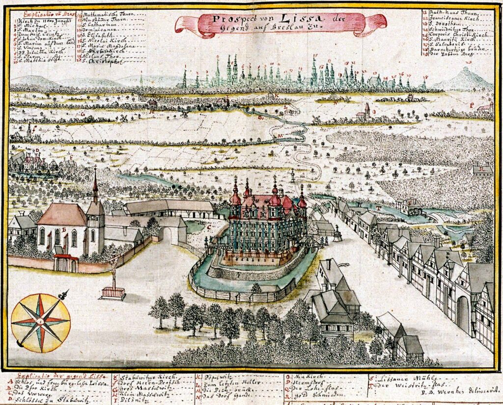 WROCŁAW-LEŚNICA, widok barokowego dworu wg ryciny F.B. Wernera z poł. XVIII w.