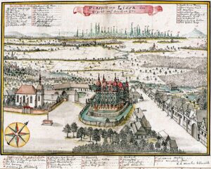 WROCŁAW-LEŚNICA, widok barokowego dworu wg ryciny F.B. Wernera z poł. XVIII w.