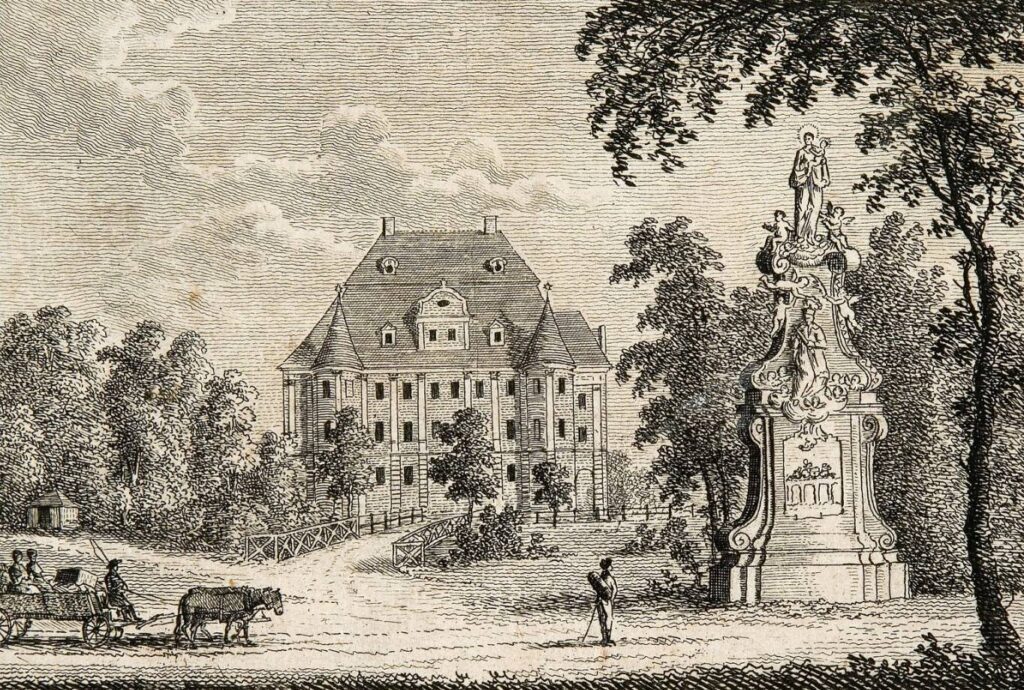 WROCŁAW-LEŚNICA, widok dworu wg ryciny z 1805 r. (za: https://polska-org.pl/)