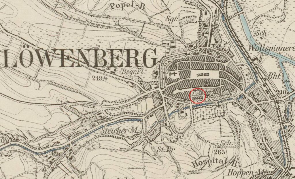 LWÓWEK ŚLĄSKI, fragment mapy Messtischblatt z lokalizacją zamku.