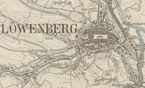 LWÓWEK ŚLĄSKI, fragment mapy Messtischblatt z lokalizacją zamku.