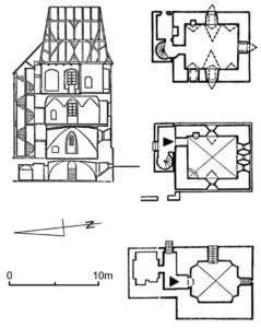 BIESTRZYKÓW, przekrój i plany wieży na poziomie piwnic i 1-2 kondygnacji (za Degen 1965, s. 46; Chorowska 2003, s. 147)