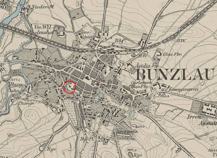 BOLESŁAWIEC, fragment mapy Meßtischblatt z lokalizacją obiektu