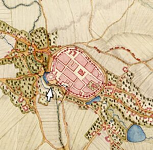 BOLESŁAWIEC, plan miasta wg ryciny Ch. F. von Wrede z lat 1747-1753 z lokalizacją zamku