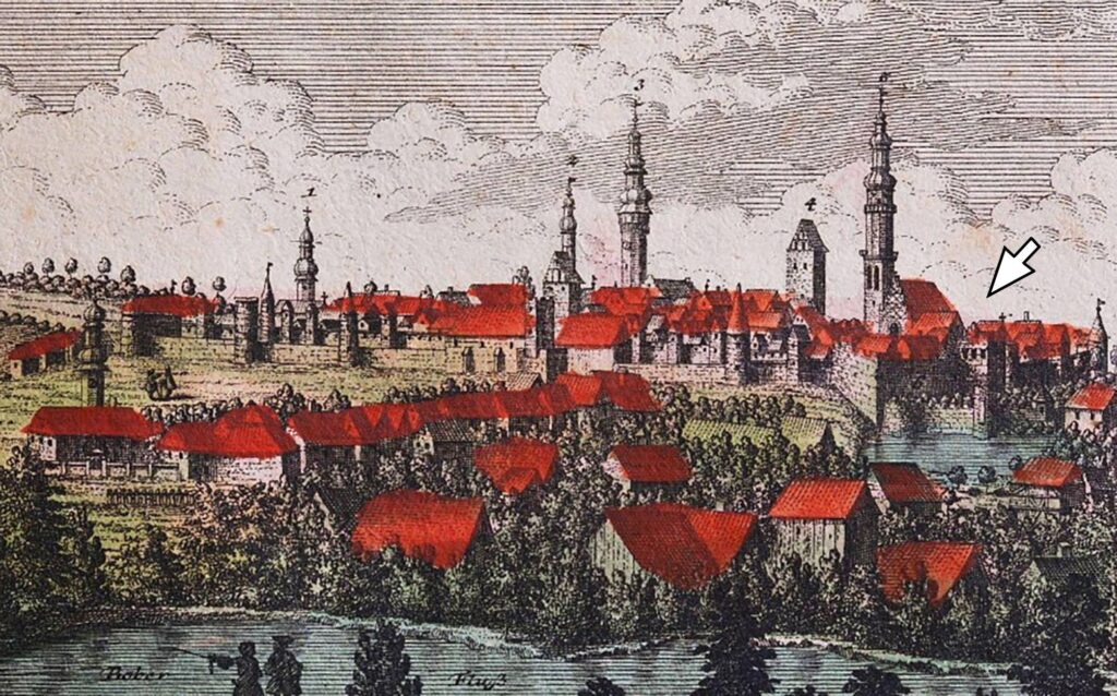 BOLESŁAWIEC, widok miasta wg ryciny F. B. Wernera z 1 poł. XVIII w. z widokiem zamku (das alte Fürstl(iche) Schloß) od strony południowo-zachodniej