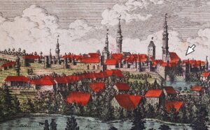 BOLESŁAWIEC, widok miasta wg ryciny F. B. Wernera z 1 poł. XVIII w. z widokiem zamku (das alte Fürstl(iche) Schloß) od strony południowo-zachodniej