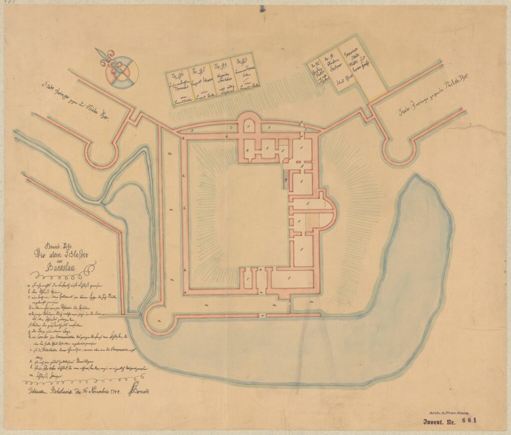 BOLESŁAWIEC, plan zamku według N. Bernarda z 16 listopada 1744 r. (https://www.herder-institut.de/bildkatalog/)