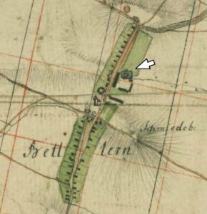 BIELANY WROCŁAWSKIE, fragment mapy L.W. Reglera z lat 1764-1770 z lokalizacją dworu (SBB, Preussischer Kulturbesitz, sygn. 15140)