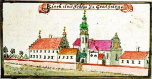 BOREK STRZELIŃSKI, widok dworu i kościoła wg ryciny F.B. Wernera z poł. XVIII w.