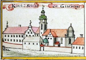 BOREK STRZELIŃSKI, widok dworu i kościoła wg ryciny F.B. Wernera z poł. XVIII w.